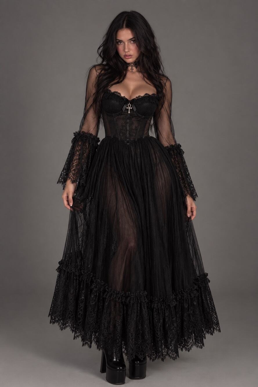 Dolls Kill Widow Dance With Death Mesh Maxi Dress Black Gothic Gown XXL NWT